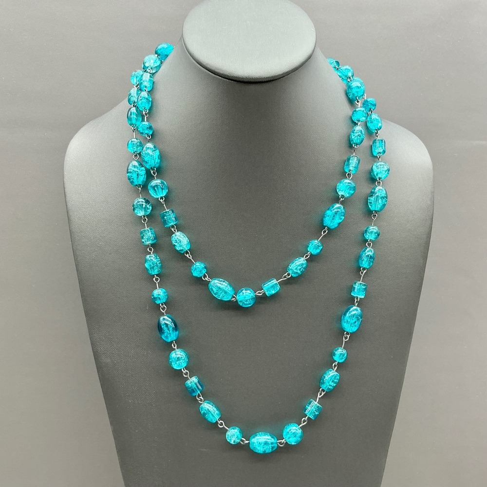 Beaded Necklace Women Teal Blue Crackle Glass Multi Shape Long Strand Jewelry